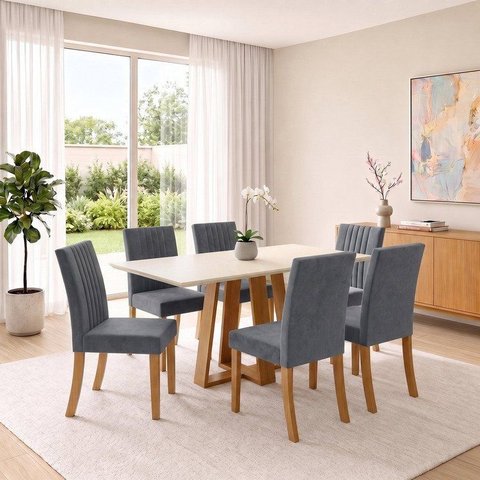 Conjunto Sala de Jantar Mesa Lisa 160cm com Tampo MDF Canto Reto 6 Cadeiras Lily