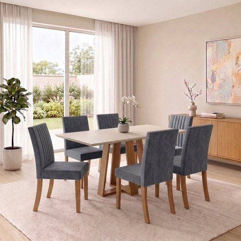 Conjunto Sala de Jantar Mesa Lisa 160cm com Tampo MDF Canto Reto 6 Cadeiras Lily