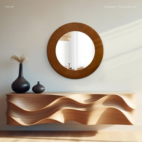 Espelho Decorativo Madrid Corino 70cm Redondo Marrom