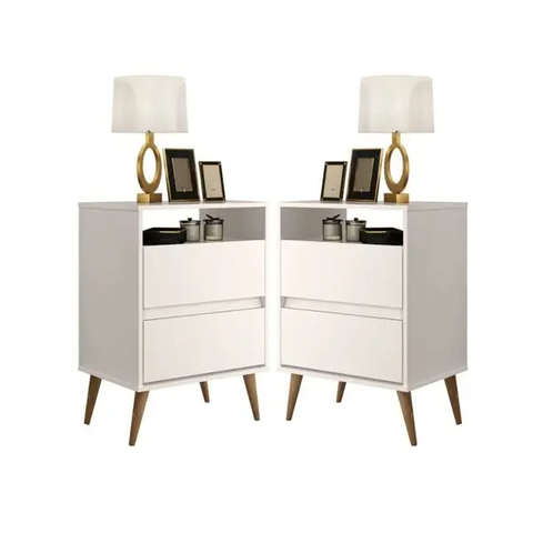 Kit Mesa de Cabeceira 2 Gavetas Retrô Pés Palitos -Lotus- cm - Branco