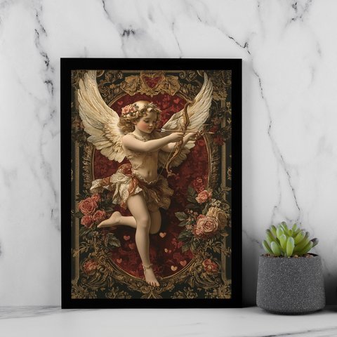 Quadro Decorativo Arte Sacra Anjo Cupido 45x34cm - com Vidro:moldura Preta