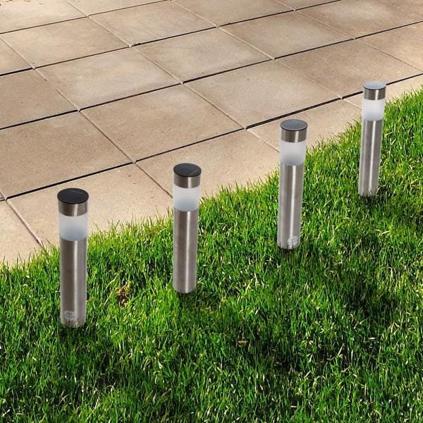 Luminária Solar Aço Inox Poste Espeto de Jardim Balizador LED Branco Frio - 6