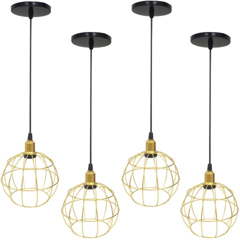 4 Pendentes Aramado Globo Luminária Lustre Luxo Teto Retrô Vintage Dourado Agp Ilumini Industrial