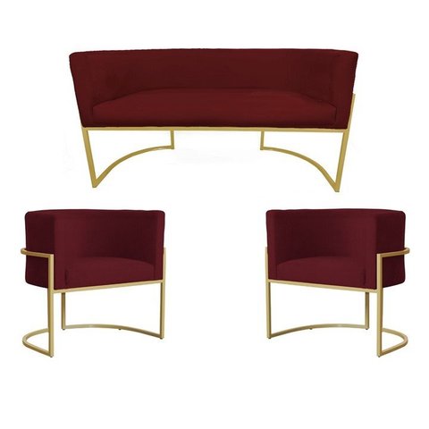 Kit Namoradeira + 2 Poltronas Decorativa Luana Suede Marsala Base Dourarada Ms Decor