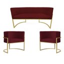 Ver imagem 1 de Kit Namoradeira + 2 Poltronas Decorativa Luana Suede Marsala Base Dourarada Ms Decor