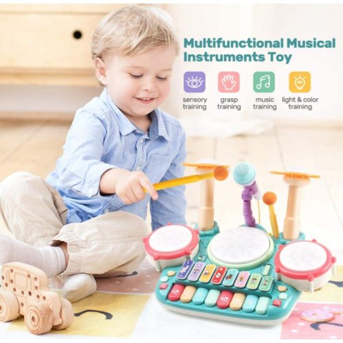 Piano Bateria Musical Infantil Brinquedo Luz Som Microfone Karokê