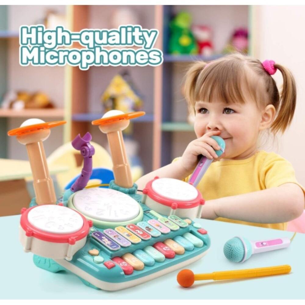 PIANO INFANTIL 5 EM 1 TECLADO GUITARRA BATERIA MICROFONE KARAOKE TROMPETE  BEBE MUSICAL COM SOM E