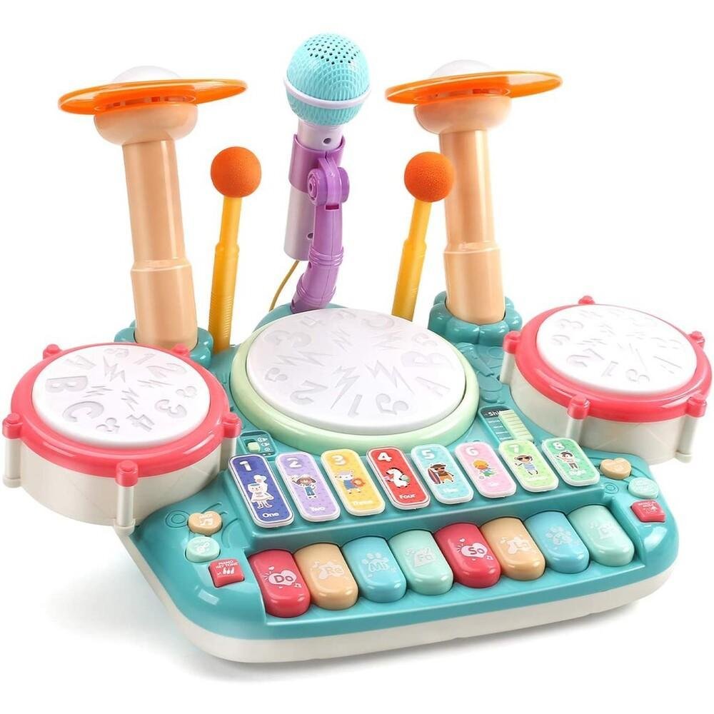 PIANO INFANTIL 5 EM 1 TECLADO GUITARRA BATERIA MICROFONE KARAOKE TROMPETE  BEBE MUSICAL COM SOM E