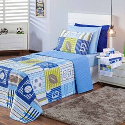 Kit Combo Cobre Leito + Jogo de Banho Futebol Azul Queen 08 Peças Dupla Face 150 Fios - 2 Kit Combo Cobre Leito + Jogo de Banho Futebol Azul Queen 08 Peças Dupla Face 150 Fios - 2