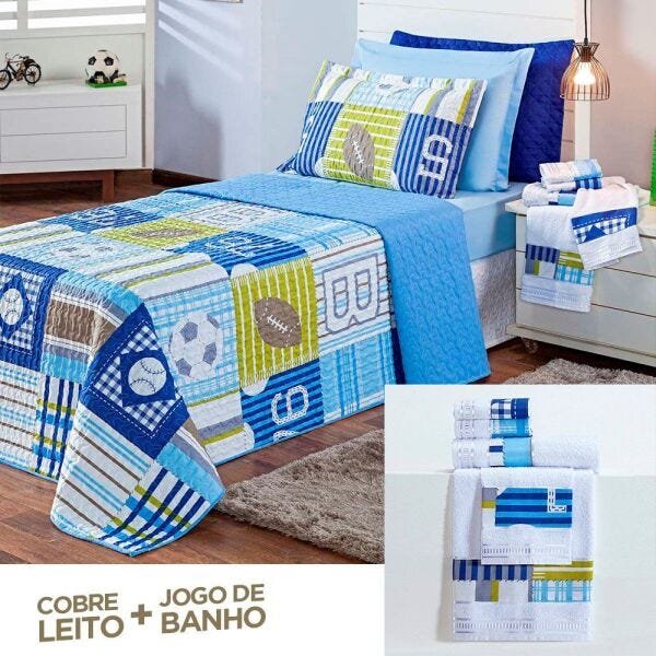 Kit Combo Cobre Leito + Jogo de Banho Futebol Azul Queen 08 Peças Dupla Face 150 Fios Menor preço em Kit Combo Cobre Leito + Jogo de Banho Futebol Azul Queen 08 Peças Dupla Face 150 Fios