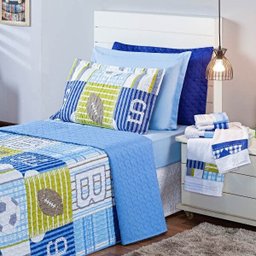 Kit Combo Cobre Leito + Jogo de Banho Futebol Azul Queen 08 Peças Dupla Face 150 Fios - 4 Kit Combo Cobre Leito + Jogo de Banho Futebol Azul Queen 08 Peças Dupla Face 150 Fios - 4