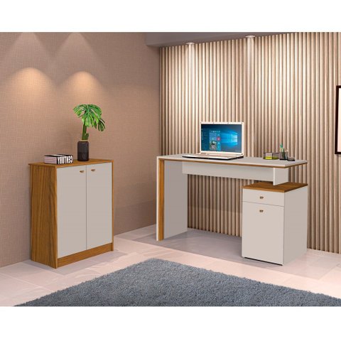 Conjunto Escrivaninha Balcão Office Multiuso Off White Freijó