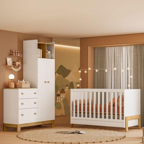 Berço Americano Mini Cama 4300 Fantasia e Guarda Roupa com Cômoda 4970 Q Encanto Slim Branco