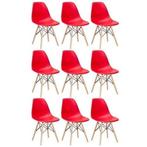 Kit 9 Cadeiras Charles Eames Eiffel Dsw - Base de Madeira Clara - Vermelho Multicolorido