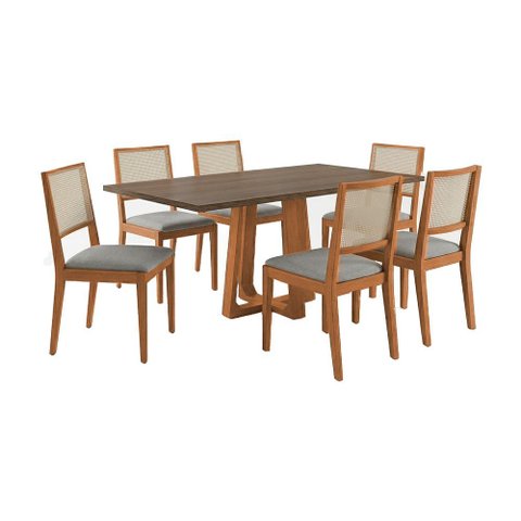 Conjunto Mesa Juliaa 1,6m Freijó Pés Cerejeira 6 Cadeiras Suellen Design Premium Sala - Cinza Linho