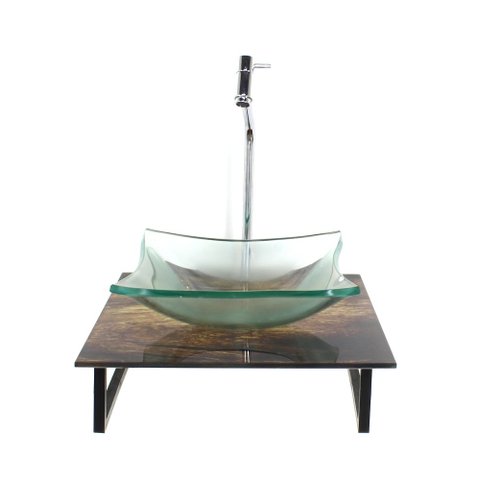 Gabinete de Vidro com Cuba Quadrada Incolor com Tampo de Vidro 40cm X 40cm Madeira Rustica