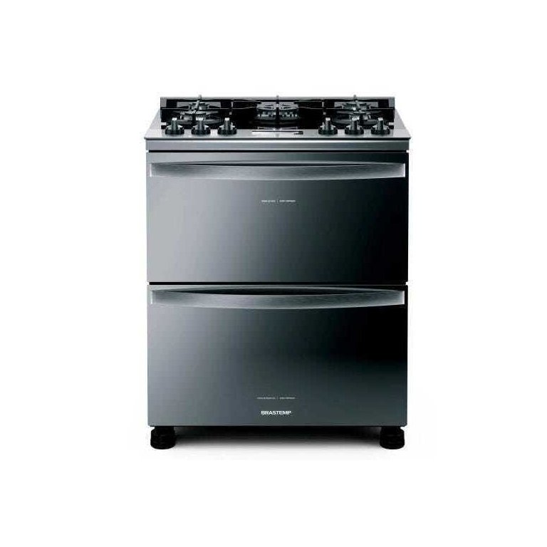 Fogão Brastemp 5 Bocas Duplo Forno Cor Inox com Mesa de Vidro e Touch Timer com Autodesligamento - B