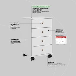 Mesa de Cabeceira Presence 4 Gavetas 45 Cm C/ Rodinha - Criado Demobile:branco - 4