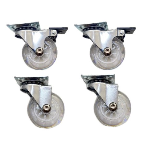 Rodízios de Silicone Giratórios com e sem Freio, Transparentes, 4 Peças, Base Metálica Prata