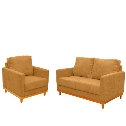 Kit Poltrona e Sofa Berlim 2 Lugar Base de Madeira Tecido Impermeavel Terracota