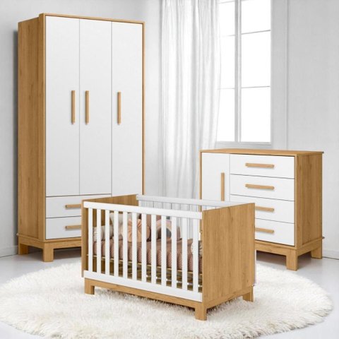Conjunto Infantil Luar Freijo/branco: Berço Luar Mini Cama + Cômoda Luar + Guarda-roupa Luar