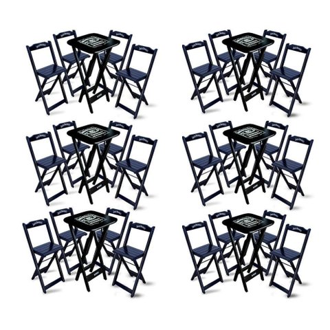 Kit 6 Conjuntos de Mesa Bistrô Dobrável Jack Daniel's com 4 Banquetas de Madeira Preta