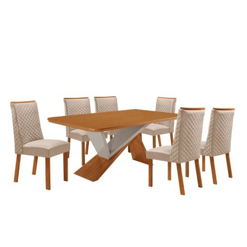 Mesa de Jantar Yasmin 180 cm Tampo MDF Canto Copo Laminado com 6 Cadeiras Moderna Mobília