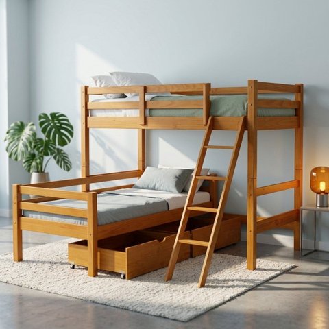 Cama Beliche L Solteiro Madeira Macica 2 Gavetoes:Mel