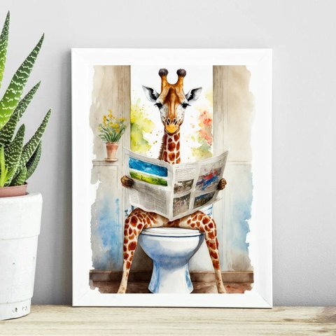Quadro Banheiro Girafa Lendo Jornal- Aquarela 45x34cm:madeira Branca