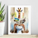 Ver imagem 1 de Quadro Banheiro Girafa Lendo Jornal- Aquarela 45x34cm:madeira Branca
