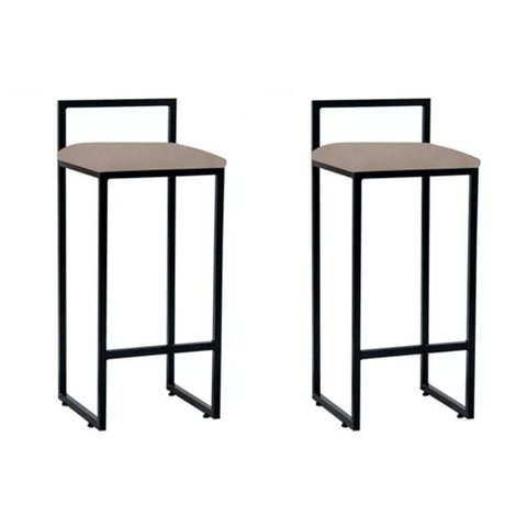 Kit 2 Banquetas Bistrô Alta Industriais em Aço Dori Preto Assento Suede Bege Preto