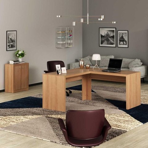 Kit para Escritório com Mesa em L e Balcão 2 Portas Amêndoa Tecno Mobili