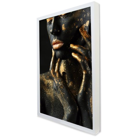 Quadro Decorativo Caixa Mulher Dourada Fashion Tacolado Moldura Caixa Alta 4,5cm Branca com Vidro 80