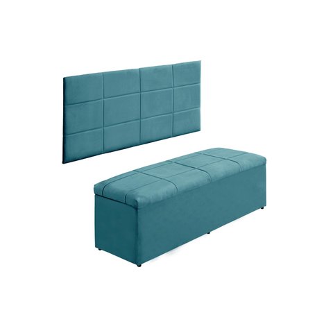 Kit Cabeceira e Calçadeira Raissa 138 cm Suede Azul Tiffany