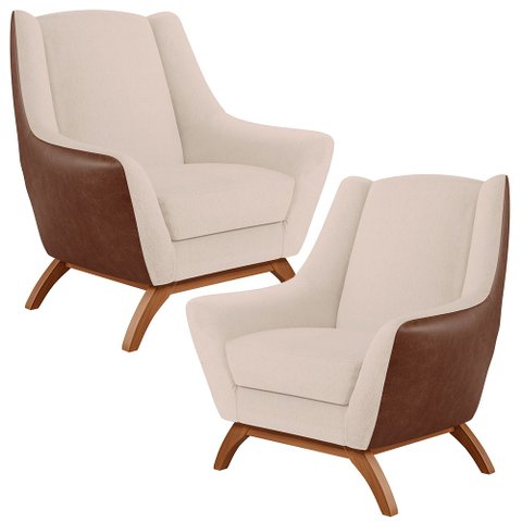 Kit 02 Poltronas Decorativas Base em Madeira Juliet D02 Courissímo Marrom Linho Bege - Lyam Decor