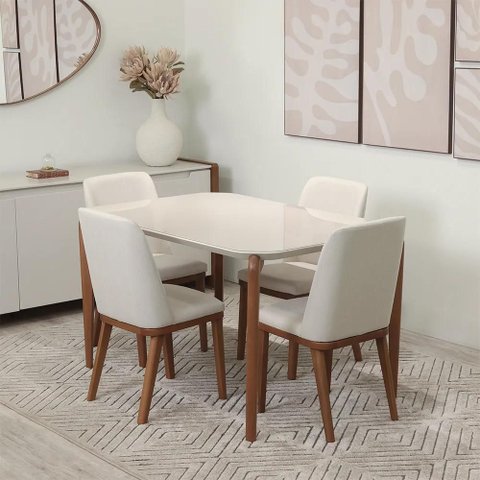 Conjunto de Jantar Mesa Retangular com Vidro Donatella 4 Cadeiras Kalina - Natural C/ Off White