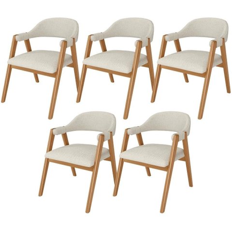 Kit 05 Cadeiras de Jantar e Estar Living Estofada Nadja L02 Linho Champagne - Lyam Decor