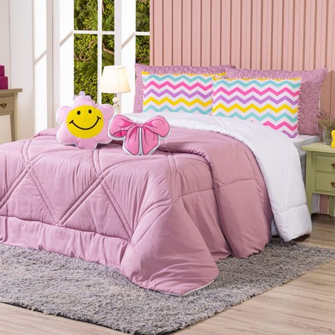 Kit Edredom Solteiro Menina Teen Rosa com Almofadas Estampadas 05 Peças - Dupla Face Percal 300 Fios