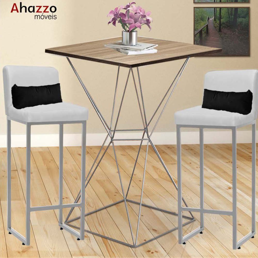 Kit Mesa Bistrô Lucca e 4 Banqueta Lucca Tampo Caramelo Ferro Prata Sintético Branco e Almofada Cinz - 2