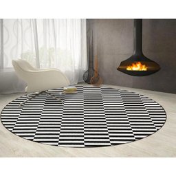 Tapete Sala Redondo 150 Cm Geometrico Listrado Preto Prata - 1