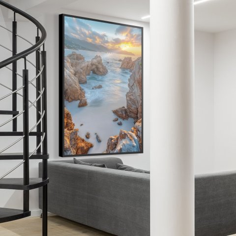 Quadro Decorativo Mar entre Pedras Vertical Sala Quarto Casa Escritório
