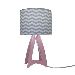 Abajur Base Madeira Rosa e Cúpula Chevron Cinza e Branco