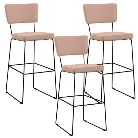 Kit 3 Banquetas Alta para Cozinha Sala de Jantar Base em Aço Fixa Allana L02 Linho Rosê - Lyam