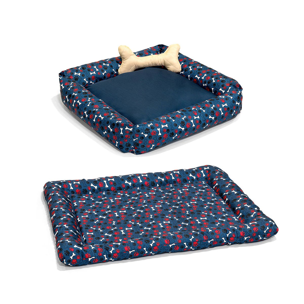 Cama de cachorro Pequeno Azul Estampado com Almofada Ossinho ...