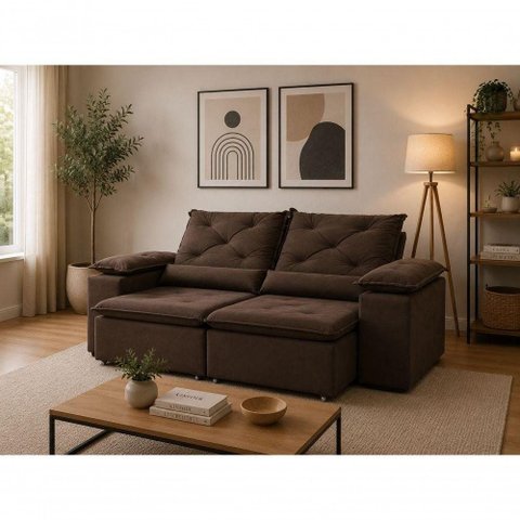 Sofá com Chaise Beatriz 3 Lugares Retrátil e Reclinável 195cm Marrom