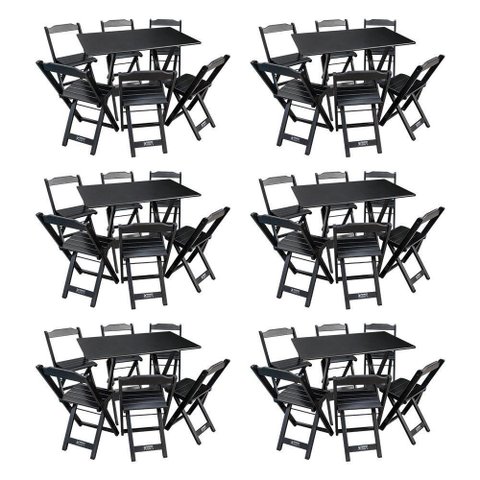 Kit 6 Conjuntos de Mesa Dobráveis de Madeira 70x110cm com 6 Cadeiras Preta