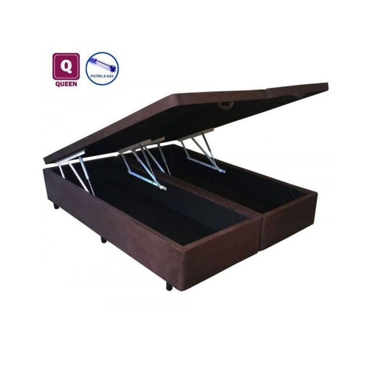 Cama Box Queen Size com Baú Pistão a Gás Marrom Suede Bipartido - 158x198