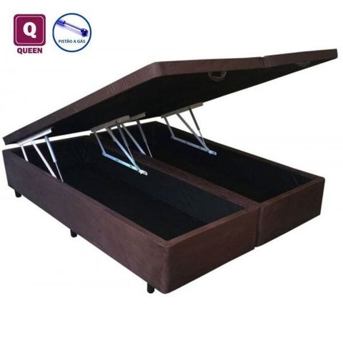Cama Box Queen Size com Baú Pistão a Gás Marrom Suede Bipartido - 158x198