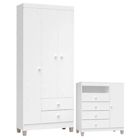 Cômoda e Guarda Roupa 3 Portas Ternura Baby Branco Flex - Incorplac
