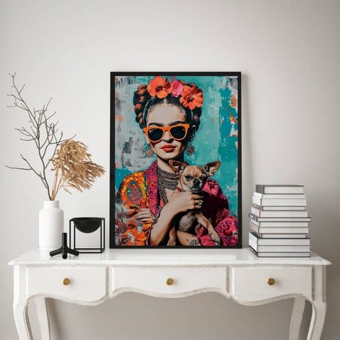 Quadro Frida Kahlo com Pinscher 24x18cm:moldura Branca